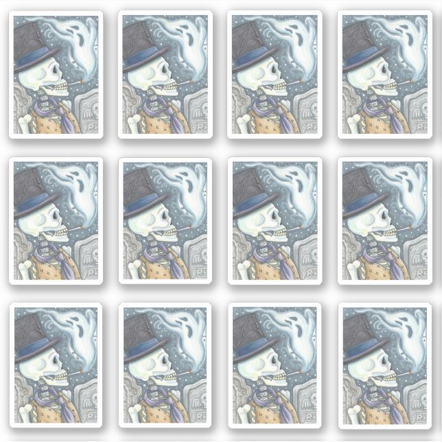 SPOOKY DEAD MAN SKULL SMOKING GHOST IN CEMETERY STICKER (Front)