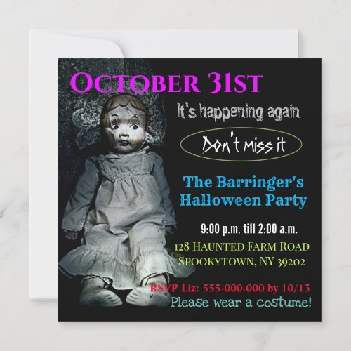 Spooky Decaying Dolly Halloween Costume Party Invitation