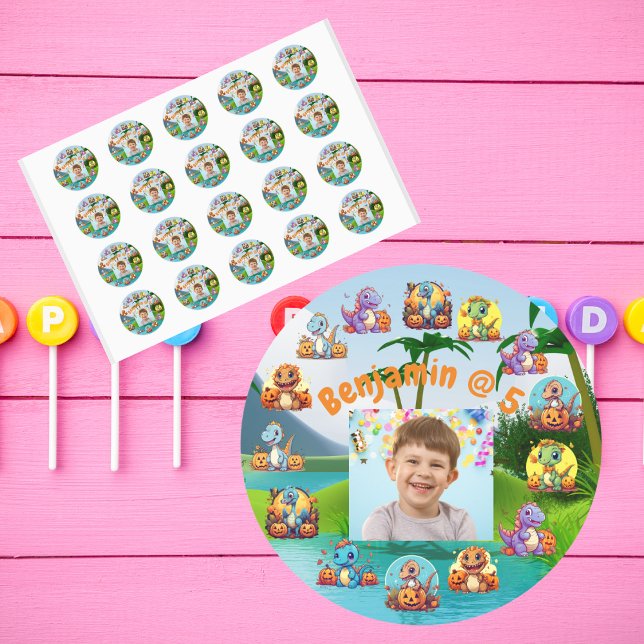 Spooky Dino Birthday Bash Custom Photo Party  Classic Round Sticker (Creator Uploaded)