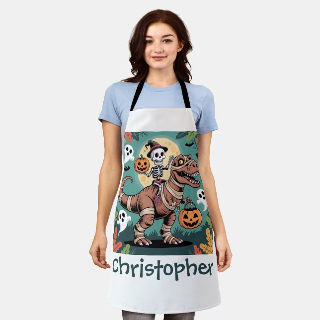 Spooky Dino Rider – Skeleton on Mummy T-Rex  Apron (Worn)