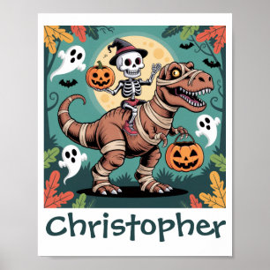 Spooky Dino Rider – Skeleton on Mummy T-Rex Poster