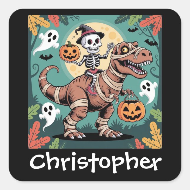 Spooky Dino Rider – Skeleton on Mummy T-Rex  Square Sticker (Front)