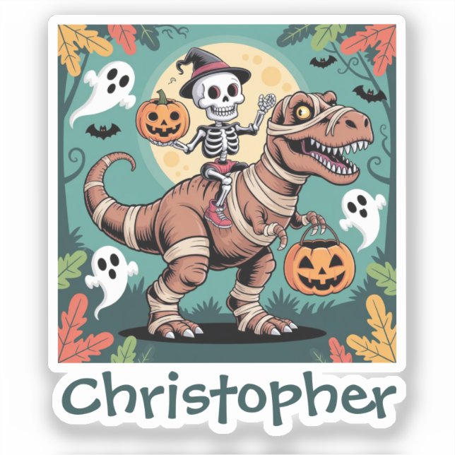 Spooky Dino Rider – Skeleton on Mummy T-Rex  Sticker (Front)