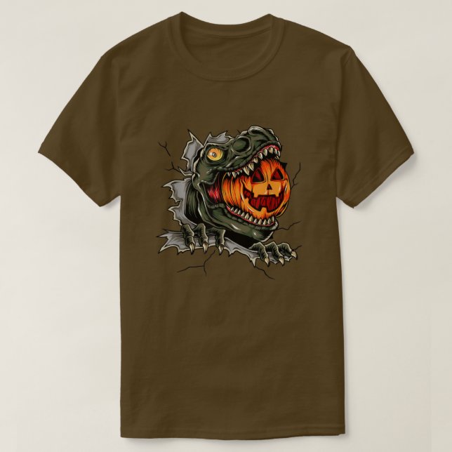 Spooky Dinosaur Eating Pumpkin Happy Halloween  T-Shirt (Design Front)