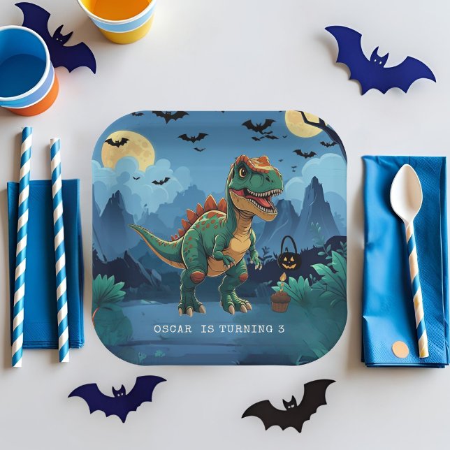 Spooky Dinosaur Halloween Birthday Custom T-Rex Paper Plates (Creator Uploaded)