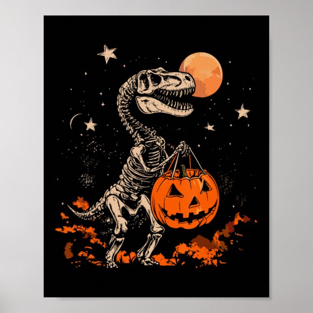 Spooky Dinosaur Skeleton Scary Pumpkin Moon Hallow Poster (Front)