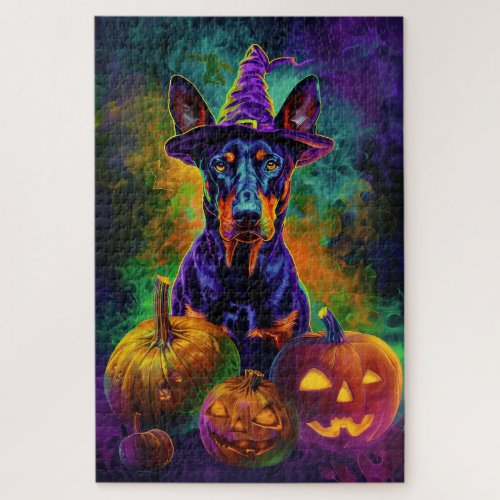 Spooky Doberman Dog Halloween Witch And Pumpkin  Jigsaw Puzzle