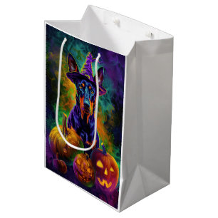 Spooky Doberman Dog Halloween Witch And Pumpkin  Medium Gift Bag