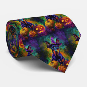 Spooky Doberman Dog Halloween Witch And Pumpkin Neck Tie