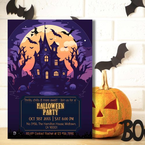 Spooky eerie moonlit haunted night bats Halloween Invitation
