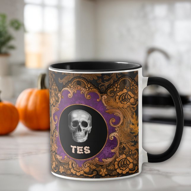 Spooky Elegant Hallloween Skull on Orange Damask Mug (Creator Uploaded)