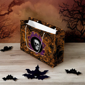 Spooky Elegant Orange Hallloween Skull on Damask