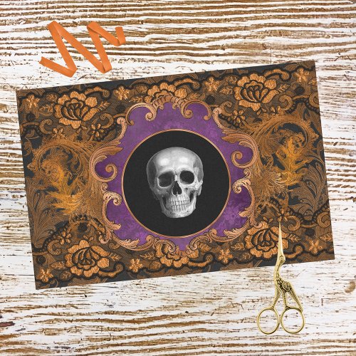 Spooky Elegant Orange Hallloween Skull on Damask Tissue Paper