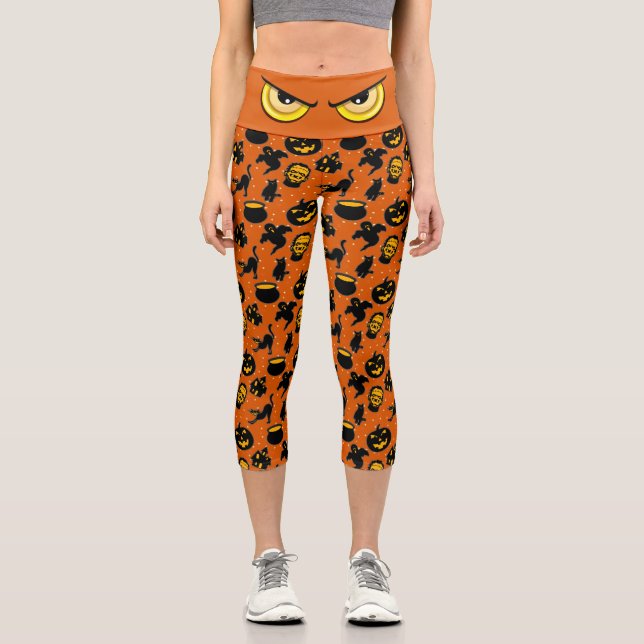 Spooky Evil Eye Orange& Black Halloween Pattern Capri Leggings (Front)