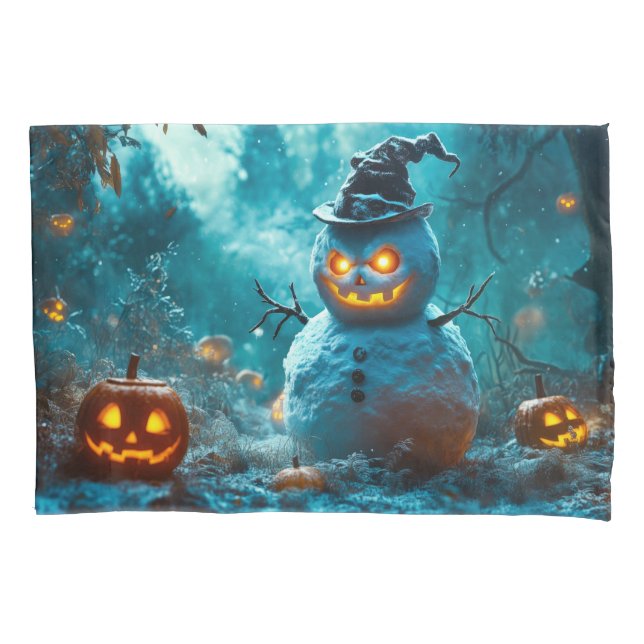 Spooky Evil Snowman with Pumpkins Pillow Case (Front)
