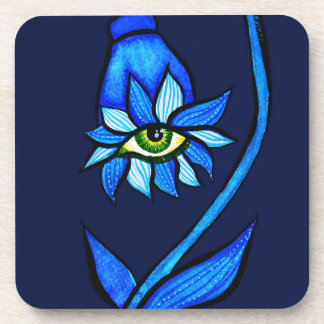 Spooky Eye Flower Creepy Art In Blue Beverage Coaster