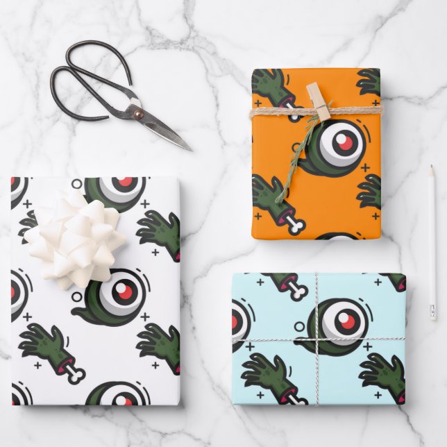 Spooky Eyeballs Zombie Hands Bones Halloween Gift Wrapping Paper Sheets (Front)