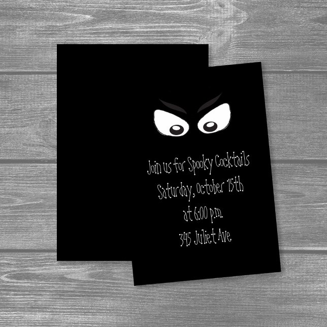 Spooky Eyes Halloween Cocktail Party Invitation (Black Halloween cocktail party invitation with spooky glowing eyes design.)