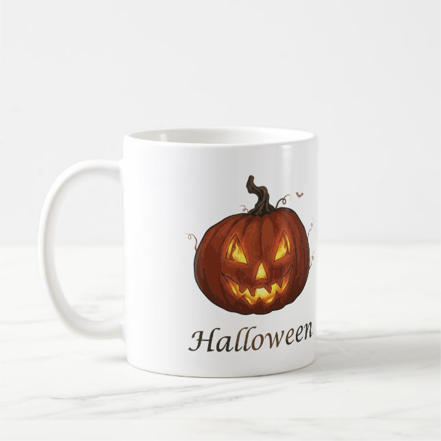 Spooky Fiery Jack-o'-Lantern Halloween Pumpkin Coffee Mug (Left)