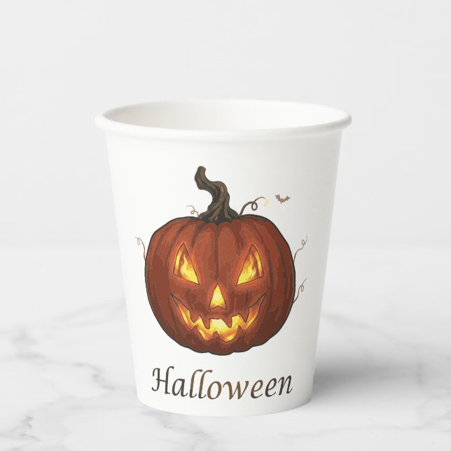 Spooky Fiery Jack-o'-Lantern Halloween Pumpkin Paper Cups (Front)