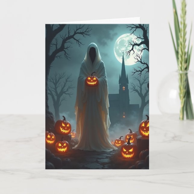 Spooky Figure With Glowing Pumpkin Card (Front)