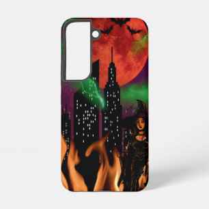Spooky Fire Witch Cityscape Red Moon Halloween Samsung Galaxy S22 Case
