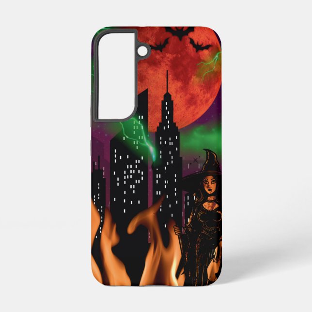 Spooky Fire Witch Cityscape Red Moon Halloween Samsung Galaxy Case (Back)