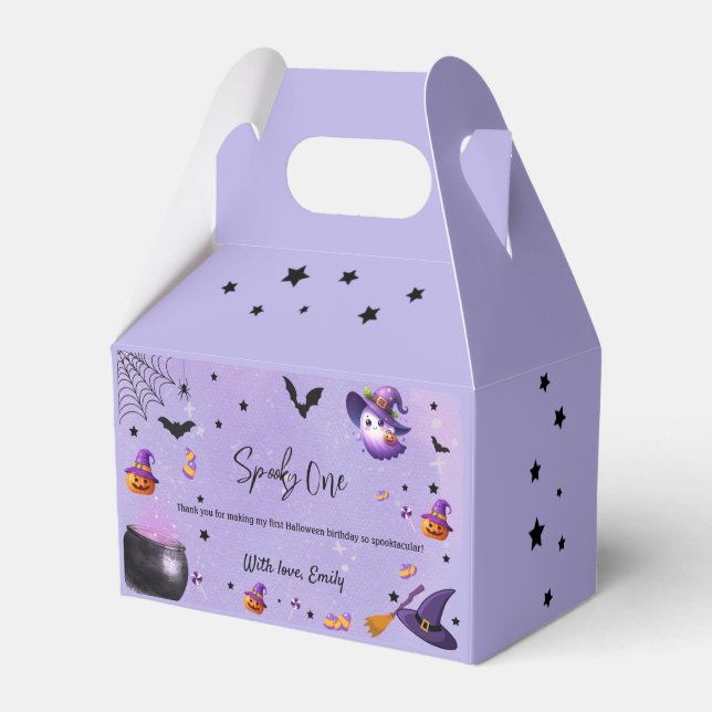 Spooky First Birthday Halloween Purple Favor Boxes (Front Side)