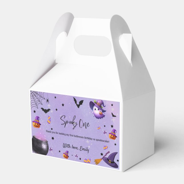 Spooky First Birthday Halloween Purple Favor Boxes (Front Side)