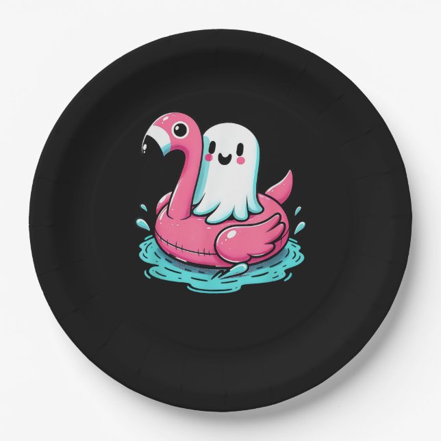 Spooky Flamingo Funny Spooky Summer Summerween Paper Plates (Front)