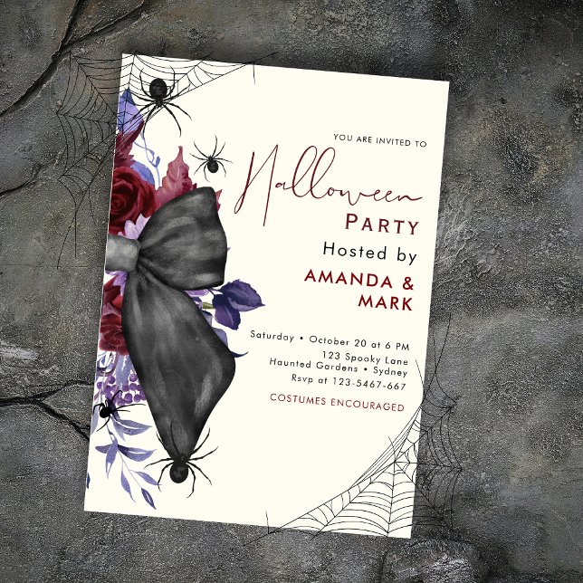 Spooky floral black bow and spiders Invitation (Creator Uploaded)