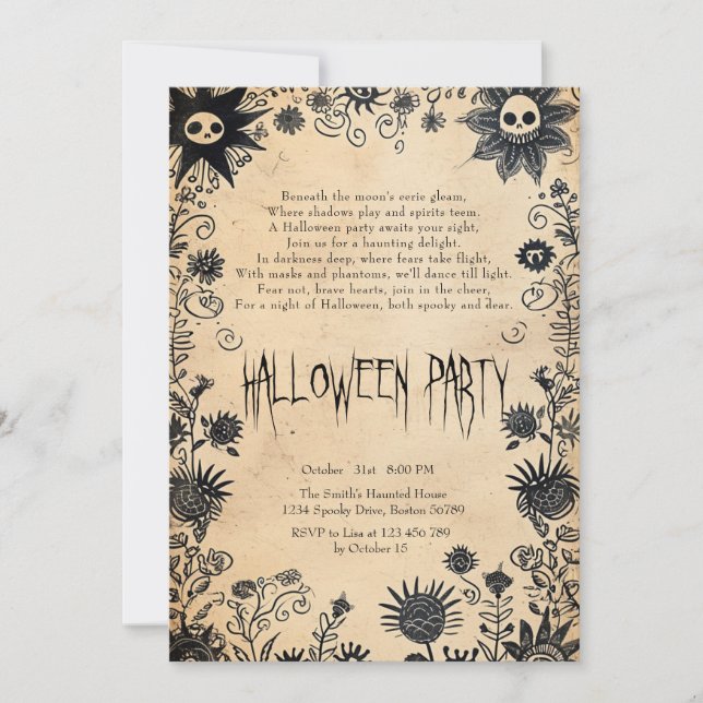 Spooky Flowers And Poem Halloween Party  Invitation (Front)