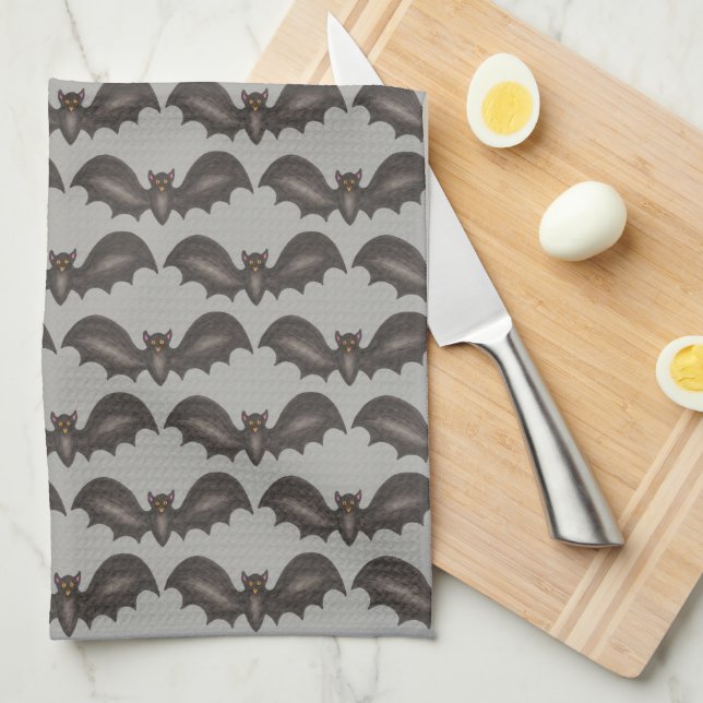 Spooky Flying Black Bats Bat Print Happy Halloween Kitchen Towel (Quarter Fold)