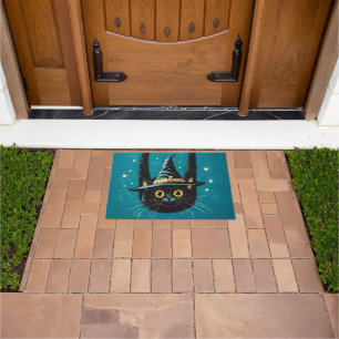 Spooky Flying Black Cat Witch Doormat
