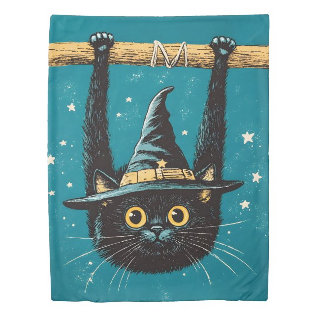 Spooky Flying Black Cat Witch Duvet Cover (Front)