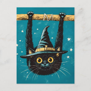 Spooky Flying Black Cat Witch Holiday Postcard