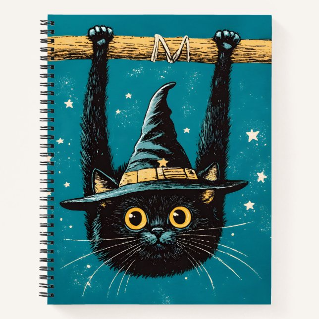 Spooky Flying Black Cat Witch Notebook (Front)