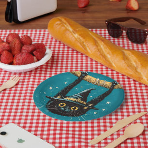 Spooky Flying Black Cat Witch Paper Plates