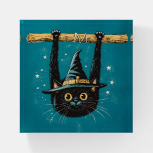Spooky Flying Black Cat Witch Paperweight
