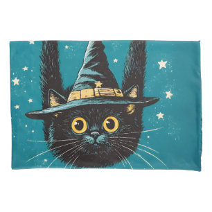 Spooky Flying Black Cat Witch Pillow Case