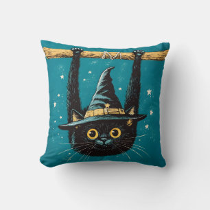 Spooky Flying Black Cat Witch Throw Pillow