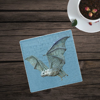 Spooky flying Blue Bat white Face showing Teeth Glass Coaster