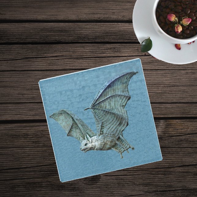 Spooky flying Blue Bat white Face showing Teeth Glass Coaster (Spooky flying blue bat with white face on blue glass drink coaster.)