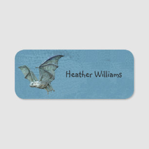 Spooky Flying Blue Bat With White Face Name Tag