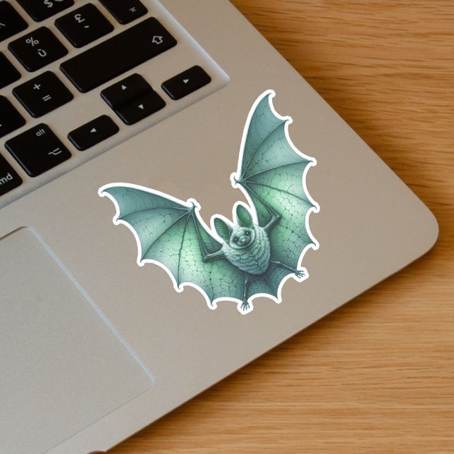 Spooky Flying Green Glowing Bat Wings Spread Sticker (Spooky flying glowing greenish blue bat on vinyl sticker for Halloween.)