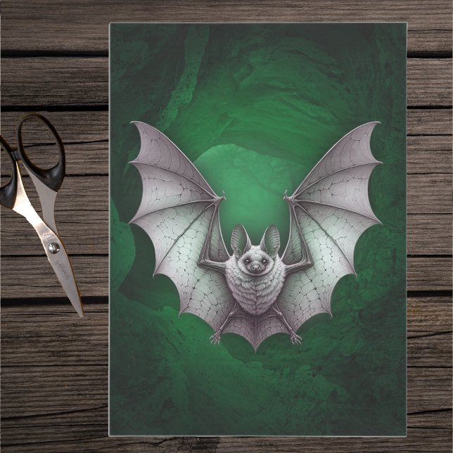 Spooky flying Grey Bat Glowing Green Cave Trees Tissue Paper (Spooky grey bat flying of glowing green cave on Halloween tissue paper.)