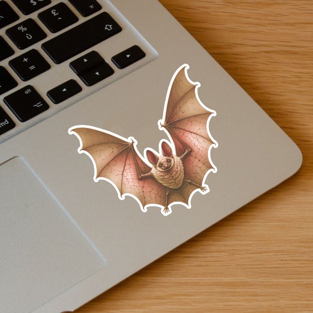 Spooky Flying Orange Glowing Bat Wings Spread Sticker (Spooky flying glowing burnt orange bat on vinyl sticker for Halloween.)