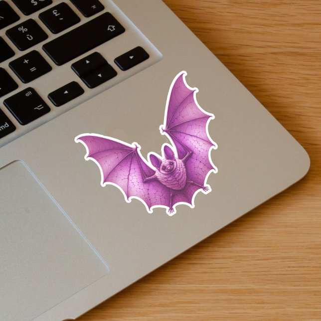 Spooky Flying Pink Glowing Bat Wings Spread Sticker (Spooky flying glowing dark vibrant pink bat on vinyl sticker for Halloween.)