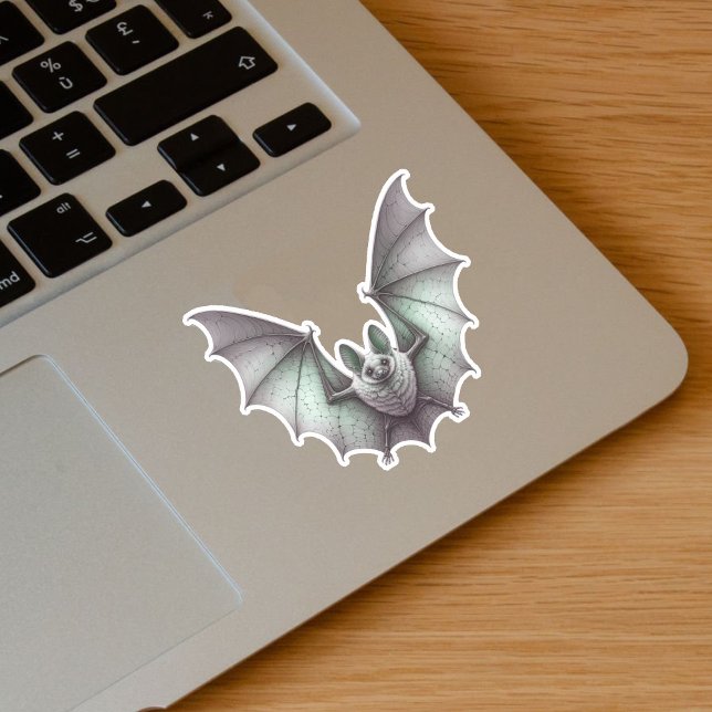 Spooky Flying White Bat Green Glow Wings Spread Sticker (Spooky flying glowing green white bat on vinyl sticker for Halloween.)
