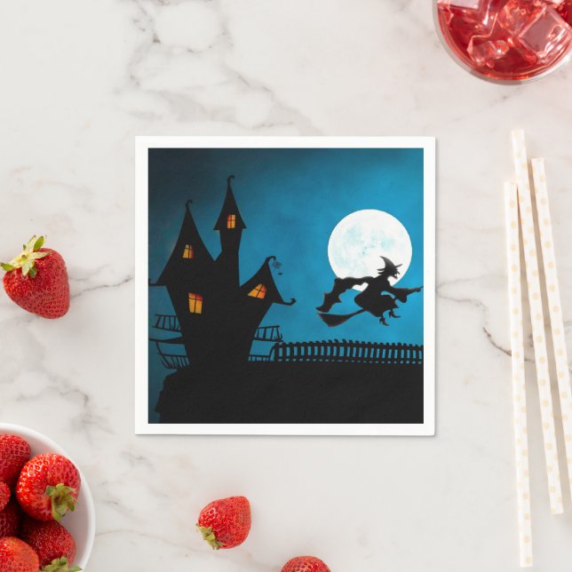 Spooky Flying Witch: Bold Black and Blue Halloween Napkins (Insitu)